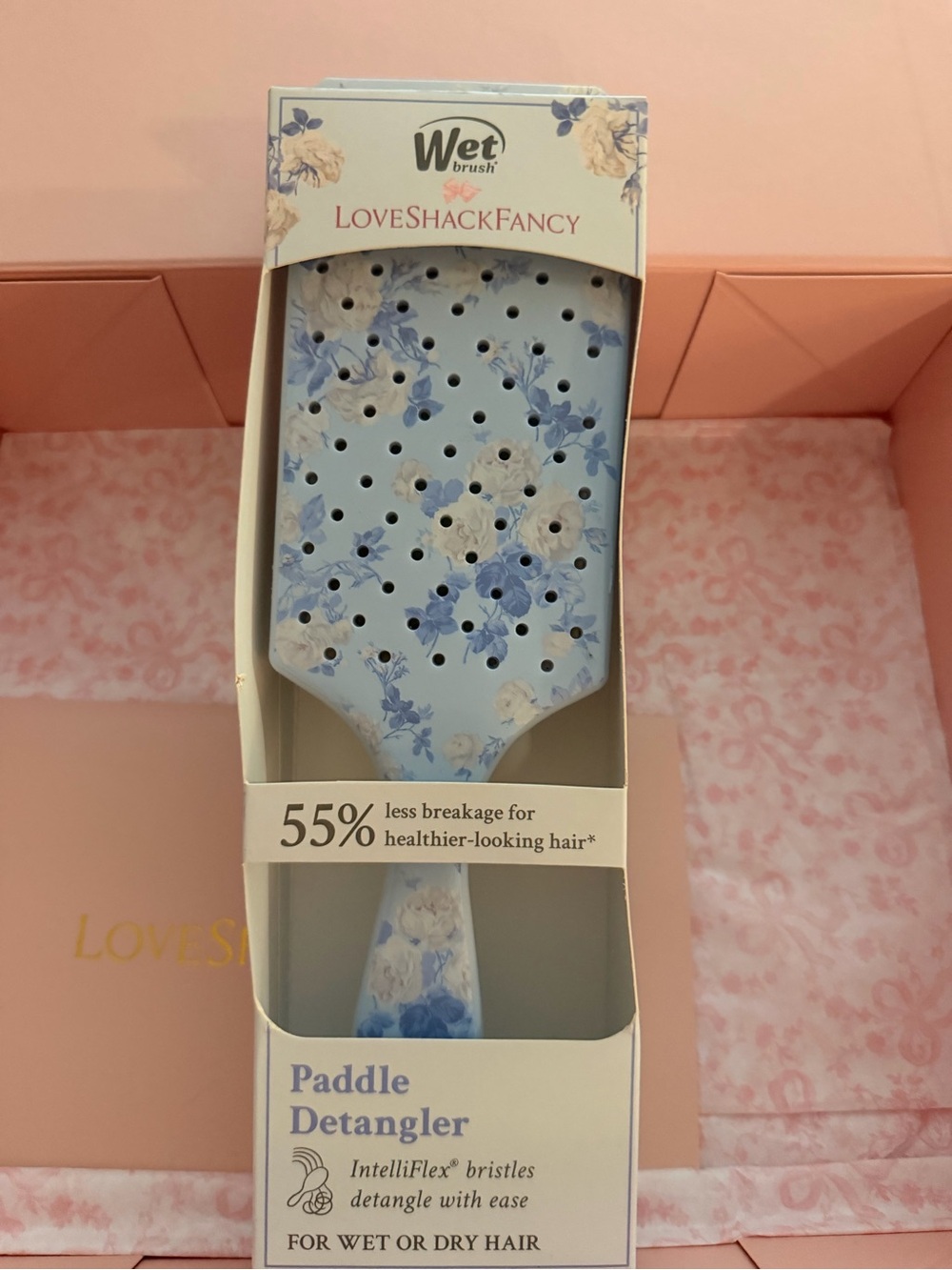 LoveShackFancy light blue floral paddle detangler